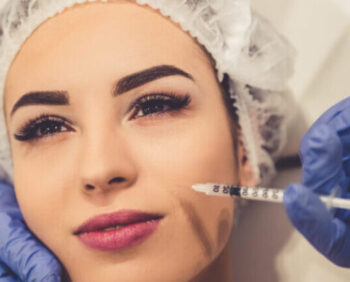 Beautiful young woman is getting an injection in face.