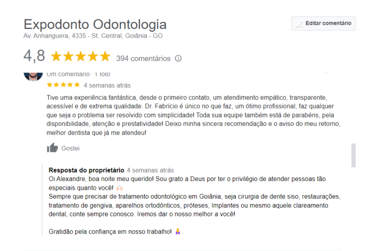 Resultado de pesquisa sobre "dentista perto de mim" mostra as avaliações positivas sobre a Expodonto no Google